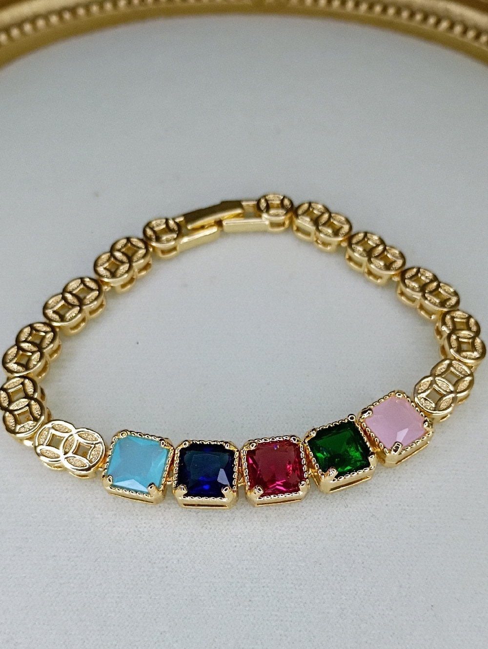 New Gold Tone Multi-Gem Square Link Bracelet - Colorful Stones - Picture 2 of 4